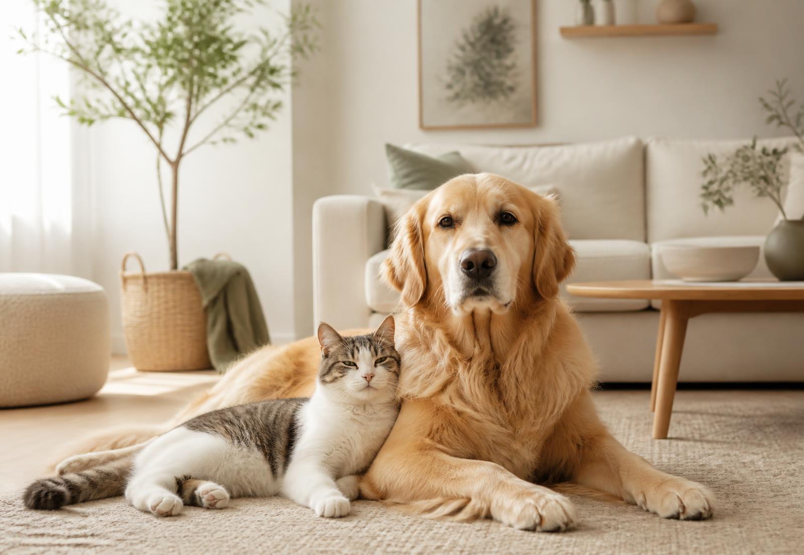 Hund und Katze liegen entspannt nebeneinander in einem hellen Wohnzimmer